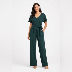 Ann Taylor Factory Petite 16P Green Short Sleeve Tie Waist Jumpsuit